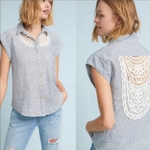 Anthropologie Maeve Camp Linen Shirt Crochet Blouse